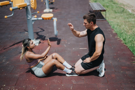 Outdoor fitness instruction session with young athlete engaging in a workout routine