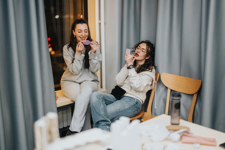 Two friends laugh and apply makeup together at a cozy window side makeup session at night