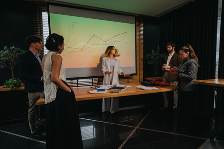 Business meeting in a modern office with presenters and colleagues around a wooden tableの写真素材