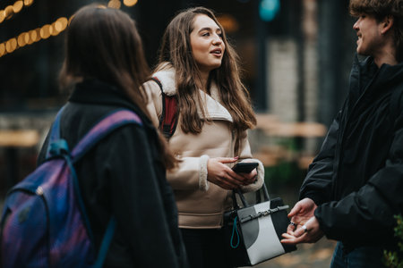 Teenage friends chat outside a cafe, casual fashion, phones in hand, urban group vibe todayの写真素材