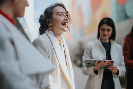 Joyful group of people laughs outdoors as colleagues chat and share a tabletの写真素材