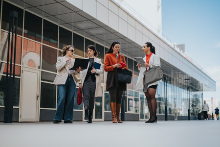 Group of women in smart coats outside a modern building, discussing work with tablets and foldersの写真素材