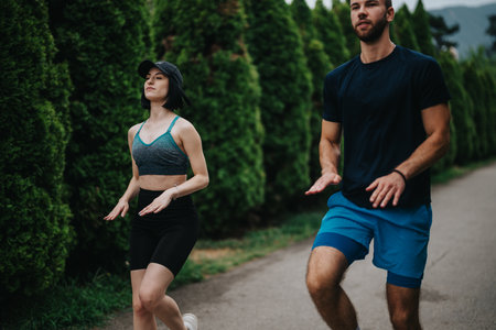 Active couple running together on a park path in athletic wear during daytimeの写真素材