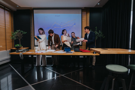 Business coworkers collaborate in a modern office during a meeting with charts and papersの写真素材