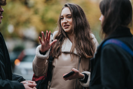 Teenage friends chatting outdoors in autumn, woman wearing beige jacket, holding phone and gesturingの写真素材