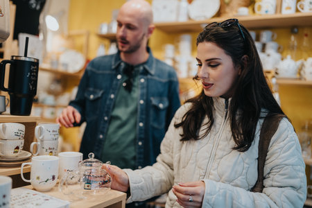 Woman shops for tea mugs and teapot in cozy ceramics shop while man browses