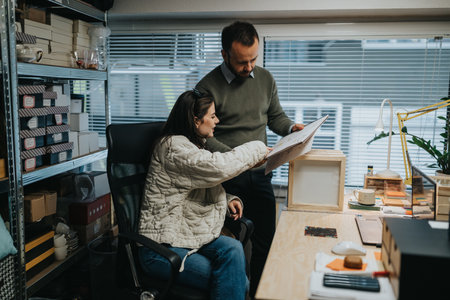 Business meeting with colleagues reviewing documents in a cluttered office setting during a busy...
