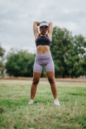 Fit woman in athletic outfit stretches arms overhead outdoors during a training session