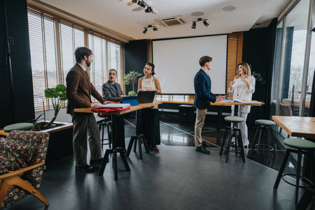 Business coworkers collaborate in a bright, modern office, discussing projects and ideas at standing...