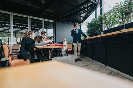 Business coworkers collaborate on documents at a cafe terrace, one man on the phone.の写真素材