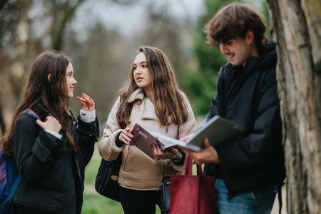 Teenagers study group outdoors in a park, chatting and reading together with backpacks and notebooksの写真素材