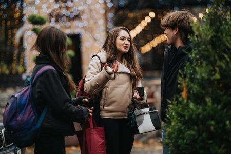 Teenagers talk on a festive street at night with shopping bags and warm jacketsの写真素材