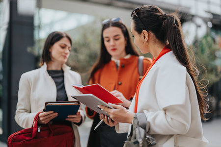 Three women outdoors in an urban setting share notes and tablets during a casual business discussionの写真素材