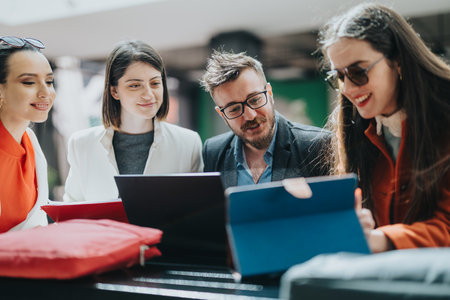 Group of colleagues collaborating around laptops in a casual business meeting