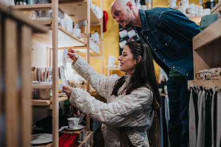 Woman shopping with a man in a cozy store, examining products on shelves togetherの写真素材