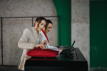 Two colleagues in blazers work at a reception desk with laptop, notebook, and a red bagの写真素材