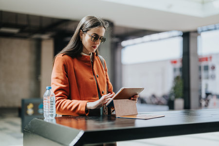 Woman in orange coat using tablet at modern public space, focused on work and learningの写真素材