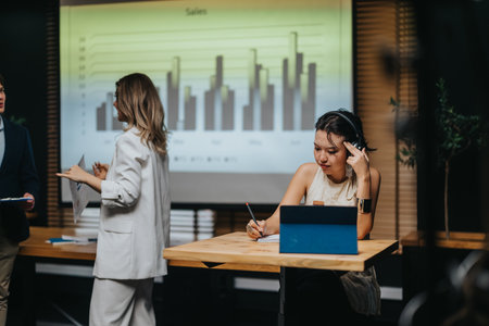 Business meeting in modern office with presenter, laptop and sales chart on screenの写真素材