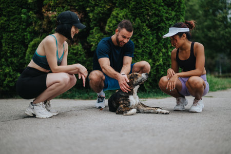 Friends enjoy a casual outdoor workout with a dog, kneeling, smiling, and bonding togetherの写真素材