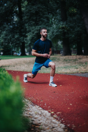 Male runner in athletic wear performing a lunge on a red track in a park