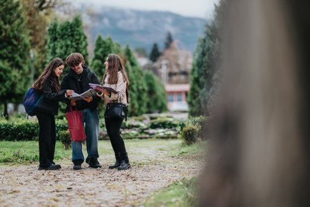 Teenage friends study together outdoors, sharing notebooks in a park settingの写真素材