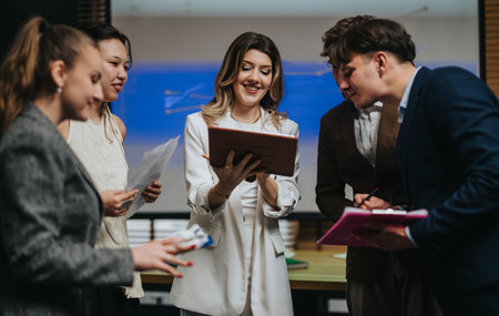 Business coworkers discuss a project indoors, sharing ideas and smiling during a team meeting