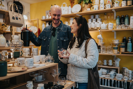 Friendly couple shopping for mugs in a bright gift shop, smiling and chatting happilyの写真素材
