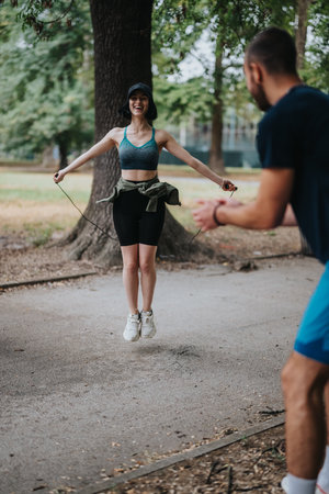 Woman Jumping Rope in Park During Outdoor Workout with Friend, Energetic and Cheerful Fitness Momentの写真素材