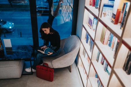 Woman reading a book in a modern library cafe by a window with shelves in the backgroundの写真素材