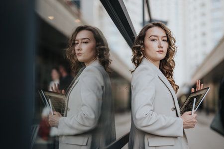 Confident woman in gray blazer with tablet beside a reflective glass wall in the cityの写真素材