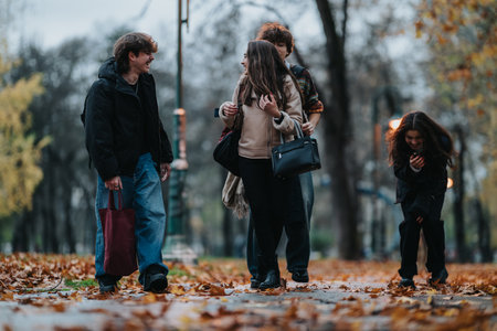 Teenagers and friends walking in an autumn park, laughing together on a leaf-strewn pathの写真素材