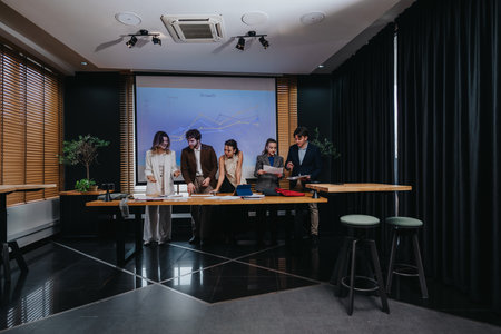 Business meeting with coworkers planning growth and collaboration in a modern office setting for successの写真素材