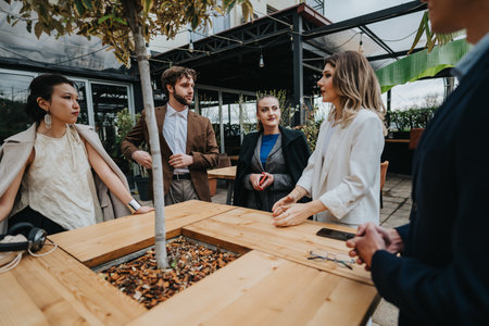 Business coworkers gather for an outdoor meeting at a modern cafe workspace