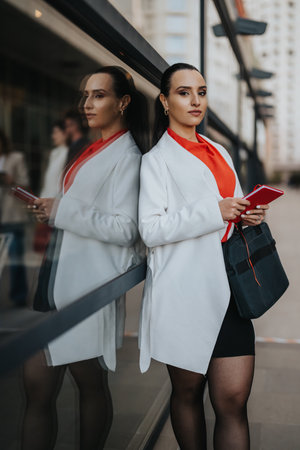 Confident woman in a red top and light coat standing outside a glass city building