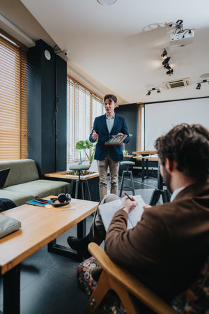 Professional presenter in a modern office delivers a talk to colleagues during a business meetingの写真素材
