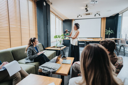Professional team meeting in a modern office lounge with a presenterの写真素材