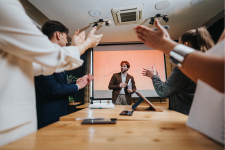 Business presentation in a modern office as coworkers applaud a speaker at the frontの写真素材