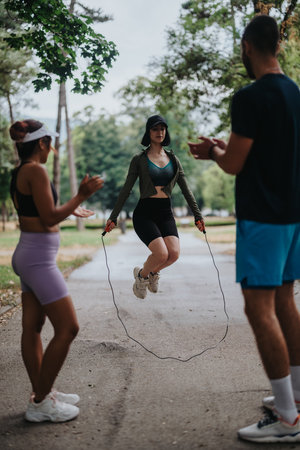 Athletes jump rope in park as friends cheer during a fitness sessionの写真素材