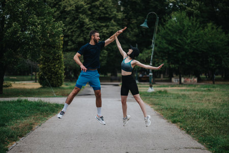Two fit adults jump and high five in a park during an outdoor workout session