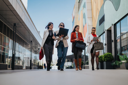 Group of women professionals walking in an urban street with laptops and tablets, business casual vibeの写真素材