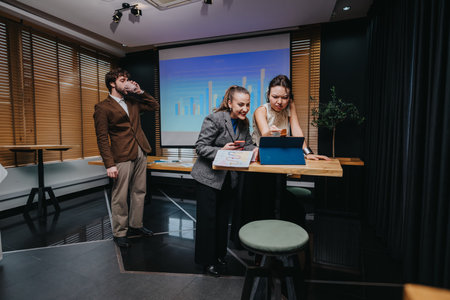 Business colleagues collaborate during an indoor meeting with laptops, tablets, and a projection screenの写真素材
