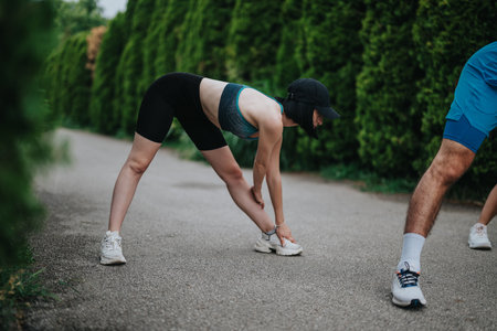 Woman stretches on park path before run in athletic gear, with friend nearby outdoors
