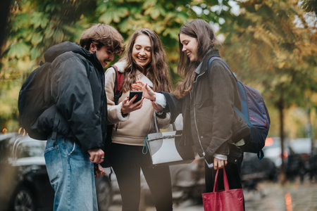 Teenagers group of friends outdoors with backpacks, smiling at a phone in a parkの写真素材