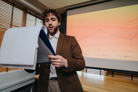 Presenter in brown blazer delivering a business presentation with chart visuals in a conference roomの写真素材