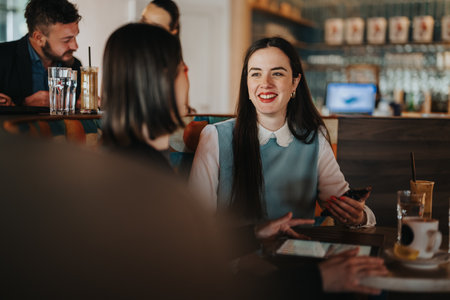Smiling woman in a cafe chats with friends over coffee and tabletの写真素材