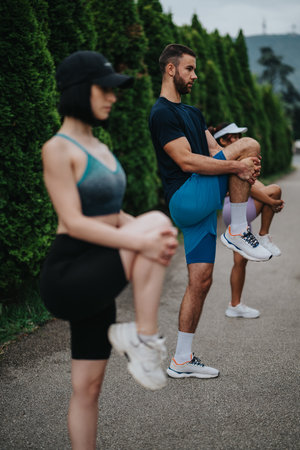 Group of friends performing leg stretches during outdoor fitness sessionの写真素材