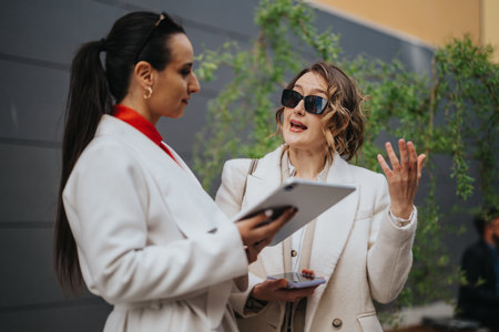 Two colleagues discuss tablet notes outdoors during a sunny urban business meeting, smiling and engagedの写真素材