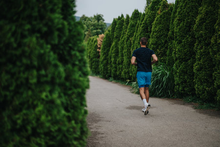 Man jogging along a tree-lined path in a park, staying fit and focused