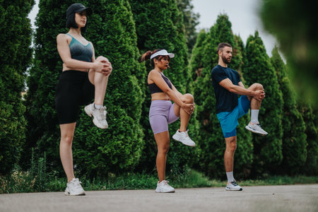 Three people performing leg stretches outdoors in athletic wear during a fitness sessionの写真素材