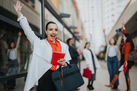 Woman waving hello outside in the city with friends, red notebook and bag, energetic momentの写真素材
